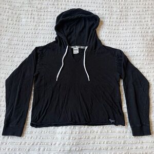 Victorias Secret PINK Black Cropped Dog Logo V Neck Hoodie Size Medium